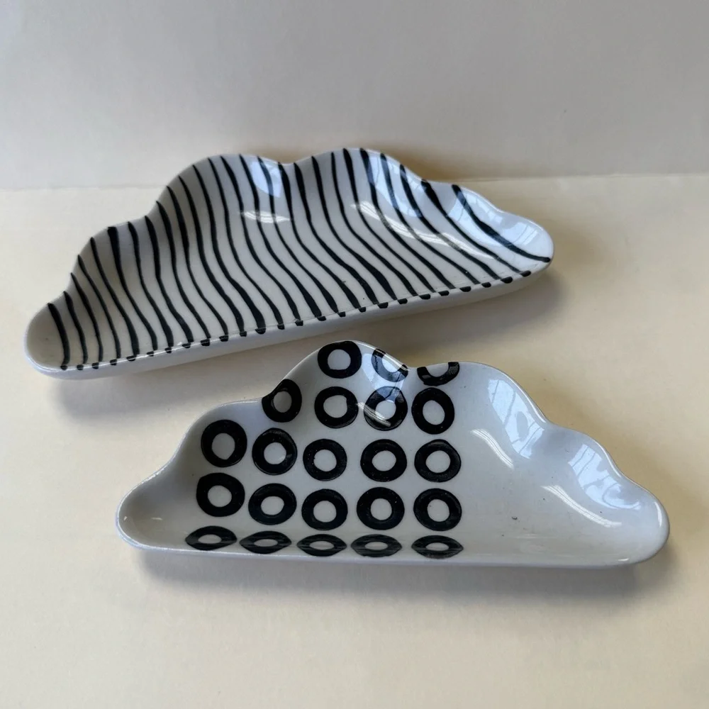 2 West Elm Cloud Ceramic Trinket Dishes in Black & White Geometric Designs.